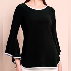 Frank Lyman Elegant Black Women's Top with White Trim and Bell Sleeves NWOT